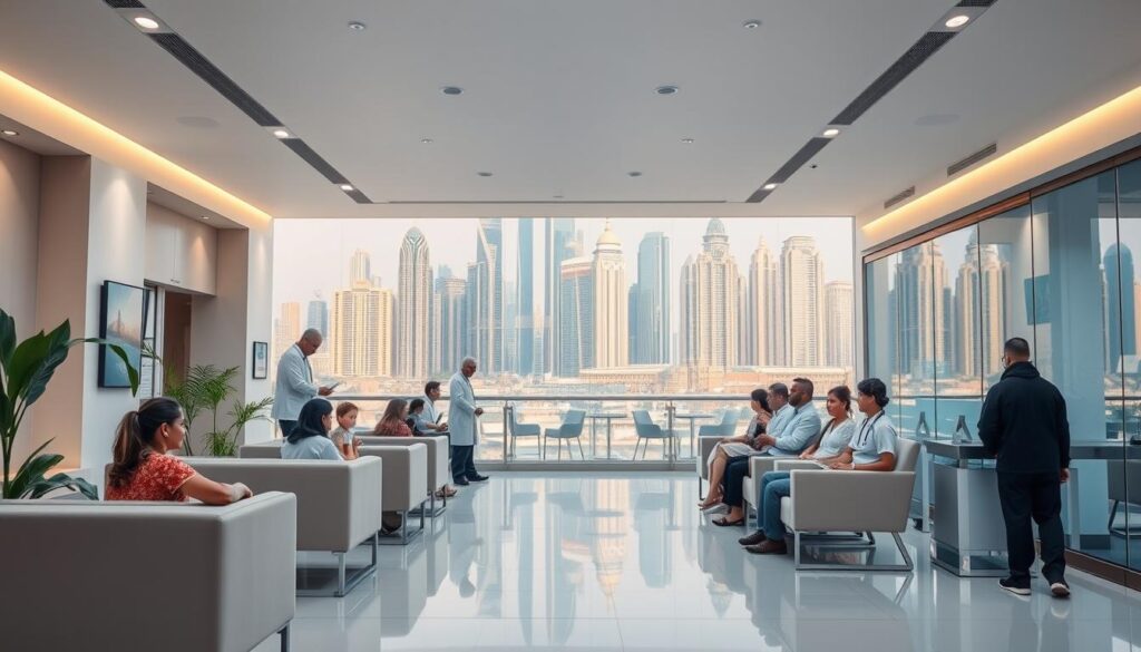 A serene medical clinic nestled in the heart of Dubai's vibrant cityscape. The foreground showcases a welcoming reception area with plush seating and soft lighting, conveying a sense of comfort and professionalism. In the middle ground, patients of diverse backgrounds and ages receive attentive care from a team of skilled medical professionals. The background reveals the iconic skyline of Dubai, its towering skyscrapers and gleaming architecture creating a dynamic and advanced metropolitan setting. The overall atmosphere evokes a harmonious blend of modern healthcare and family-centric wellbeing, reflecting the city's commitment to providing exceptional medical services for its diverse population.