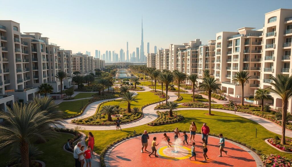 A sprawling, modern residential district in Dubai, with sleek, high-rise apartment buildings and townhouses nestled among lush, manicured parks and playgrounds. In the foreground, a group of children laughing and running through a vibrant splash pad, surrounded by parents and nannies casually watching nearby. The middle ground features well-maintained pathways winding through the neighborhood, lined with palm trees and colorful flowerbeds. The background showcases the iconic Dubai skyline, with the Burj Khalifa and other skyscrapers rising majestically against a clear, azure sky. The scene is bathed in warm, golden sunlight, conveying a sense of tranquility and family-friendly vibrancy.