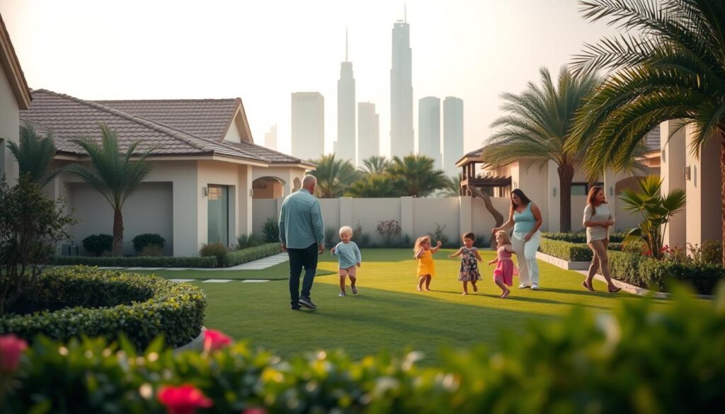 A tranquil, family-friendly scene in Dubai, with a strong emphasis on safety and security. In the foreground, a well-appointed, modern home with a lush, manicured garden. In the middle ground, a group of children playing happily under the watchful eye of attentive parents. In the background, the iconic skyline of Dubai, glimmering under the warm Arabian sun. The atmosphere is one of comfort, stability, and a sense of community. The lighting is soft and diffused, creating a warm, inviting ambiance. The camera angle is slightly elevated, giving a panoramic view of the scene and conveying a feeling of safety and protection.