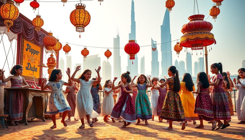 A vibrant and colorful scene of cultural integration for children in Dubai. In the foreground, a group of diverse children from different backgrounds engage in a lively traditional dance, their movements graceful and coordinated. The middle ground showcases an array of cultural artifacts, such as intricate textiles, ornate lanterns, and traditional musical instruments, creating a rich and immersive atmosphere. In the background, the iconic skyline of Dubai emerges, its towering skyscrapers and modern architecture providing a striking contrast to the traditional elements. The scene is bathed in warm, golden light, creating a sense of harmony and celebration, reflecting the multicultural spirit of the city.