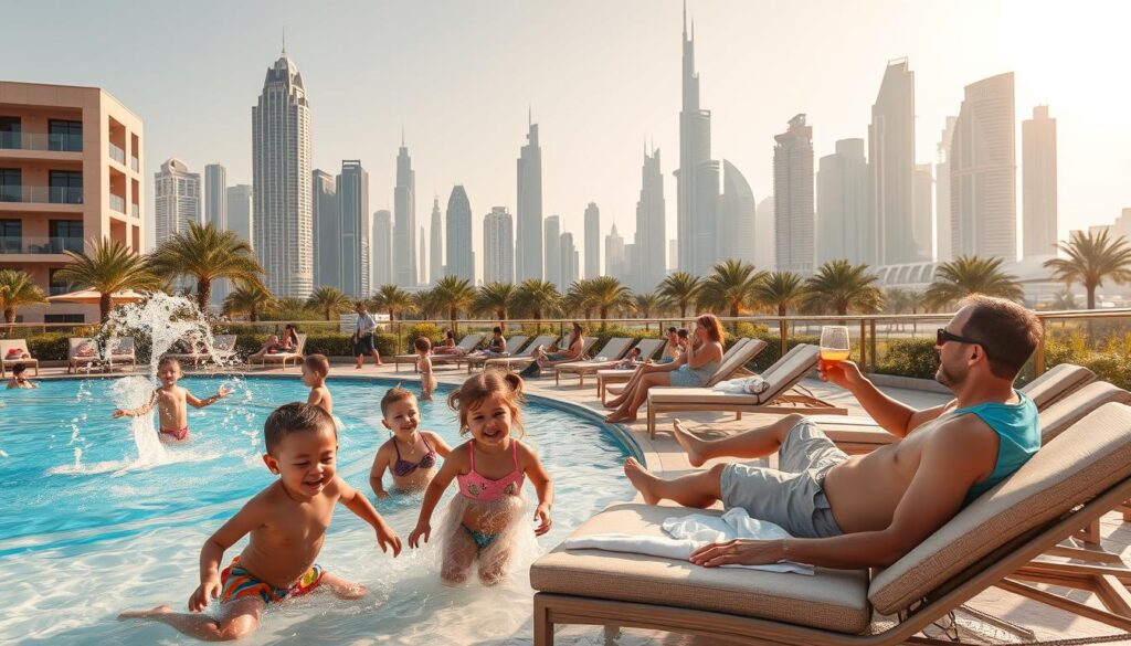 A vibrant family-friendly scene in Dubai, capturing the essence of leisure activities. In the foreground, a group of children happily playing in a colorful splash pad, their laughter echoing through the air. In the middle ground, parents relax on plush lounge chairs, sipping refreshing beverages and taking in the warm Arabian sun. In the background, a stunning skyline of skyscrapers and modern architecture frames the serene oasis, creating a captivating contrast. The lighting is soft and golden, casting a warm glow over the entire composition. The lens captures a wide, panoramic view, inviting the viewer to immerse themselves in the joyful and relaxing atmosphere.